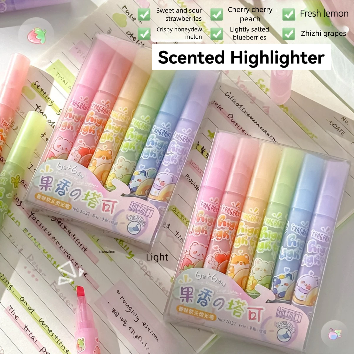 1 Set mit 6 verschiedenfarbigen Textmarkern mit Fruchtduft, sanfte Pastellfarben-Textmarker für den Bürogebrauch, ungiftige Duft-Textmarker mit abgeschrägter Spitze, geeignet für Schule und Büro. – Detail 3