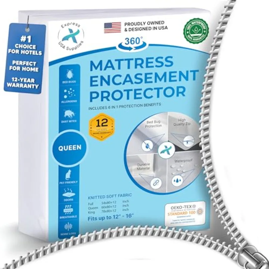 Mattress Encasement 12-16 Inch Deep Heavy Duty Hotel Grade 100% Waterproof Breathable Noiseless Hypoallergenic 6-Sided 360 Pre