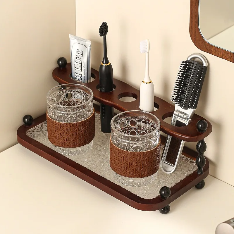 Multifunctional toothbrush storage rack vintage bathroom washbasin solid wood floor rack cup holder dental tool storage rack