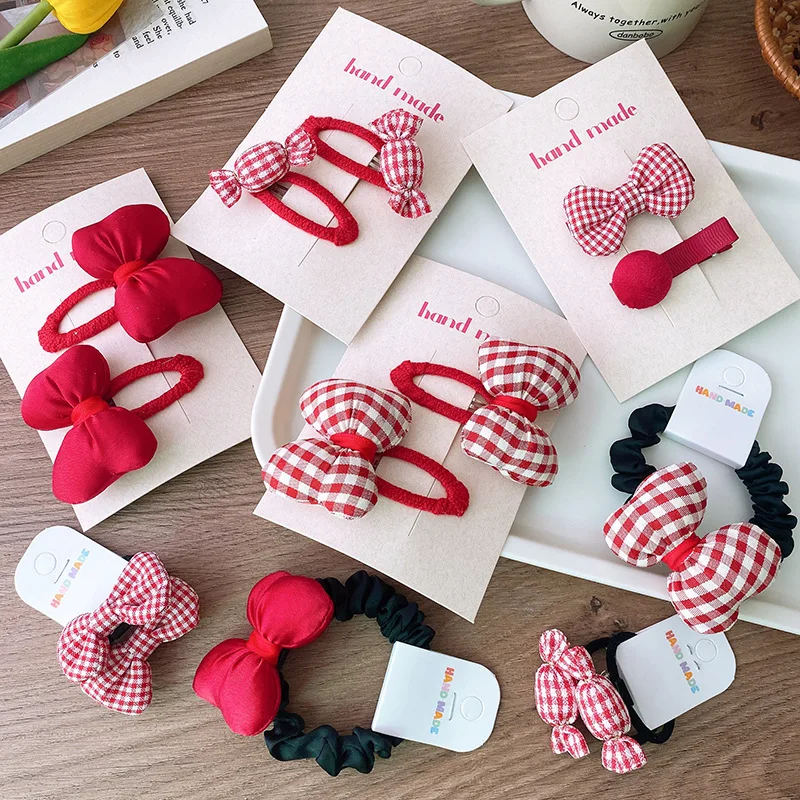 

1/2pc Red Color Baby Hair Clips Tartan Plaid Bow Hairpin Cotton Barrettes Girls Red Bowknot Elastic Hairbands Hair Ties Headwear