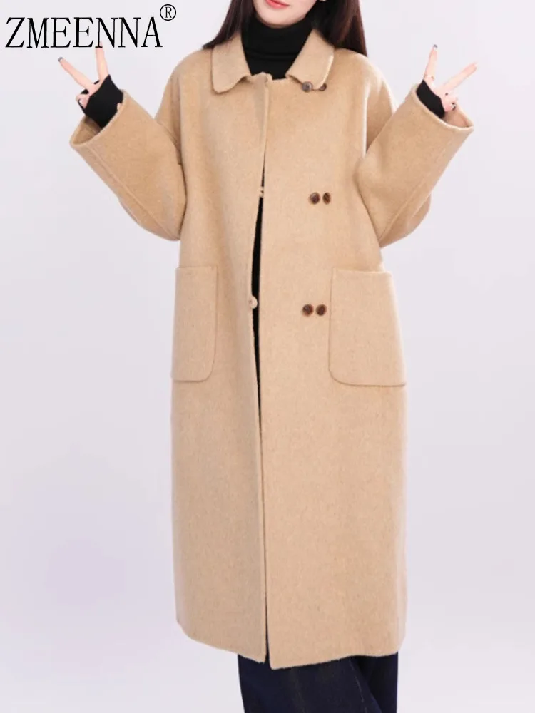 

ZMEENNA Warm Women's Long Wool Blend Overcoat With Classic Design And Patch Pockets Elegant Outerwear Winter ZM3569