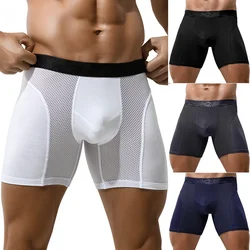 Cueca Umidade-Wicking, Bolsa de Suporte Total Masculino, Cuecas Boxer, Roupa Interior de Resfriamento com Temperatura X, Perna Longa e Tronco Mesh Patchwork Underpant