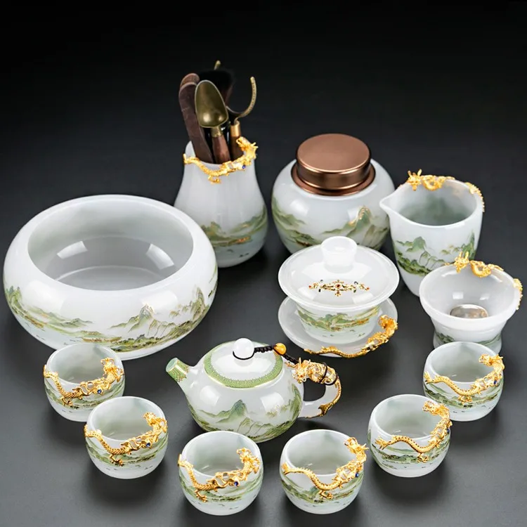 DSA glazed tea set, white jade ice kind, kung fu tea set, household cover bowl, high-end tea making office gift box.