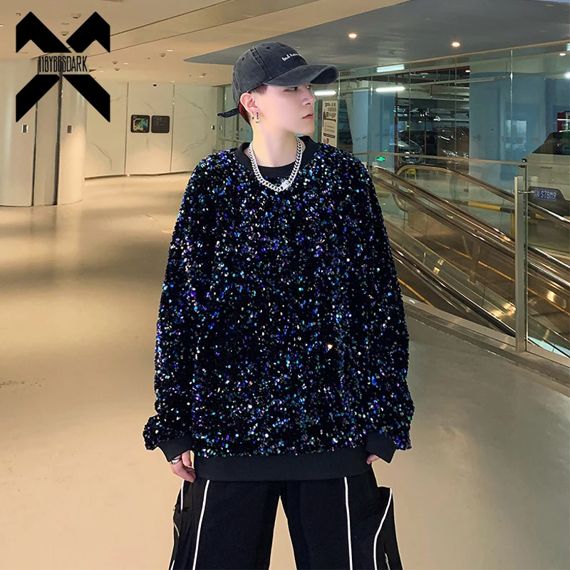 New Men's Sequins Sweatshirts 2025 Spring Reflective Hip-Hop Pullovers Nightclub Stage Streetwear Punk Dance Clothing Couple Top