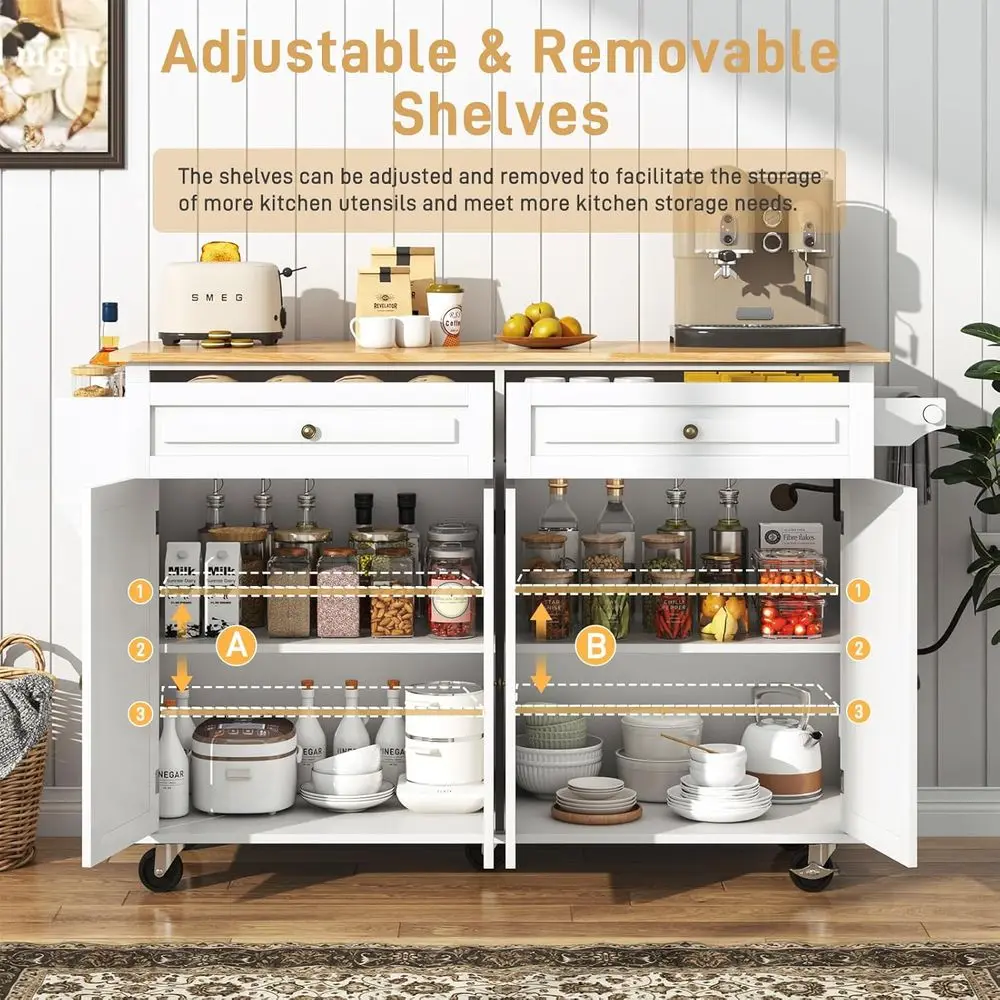 جزيرة مطبخ متنقلة مقاس 59.1 بوصة مع أوراق شجر متدلية ومخرج طاقة وخزانة تخزين وأدراج ورف توابل وبار المناشف وخطاف جراج i #6