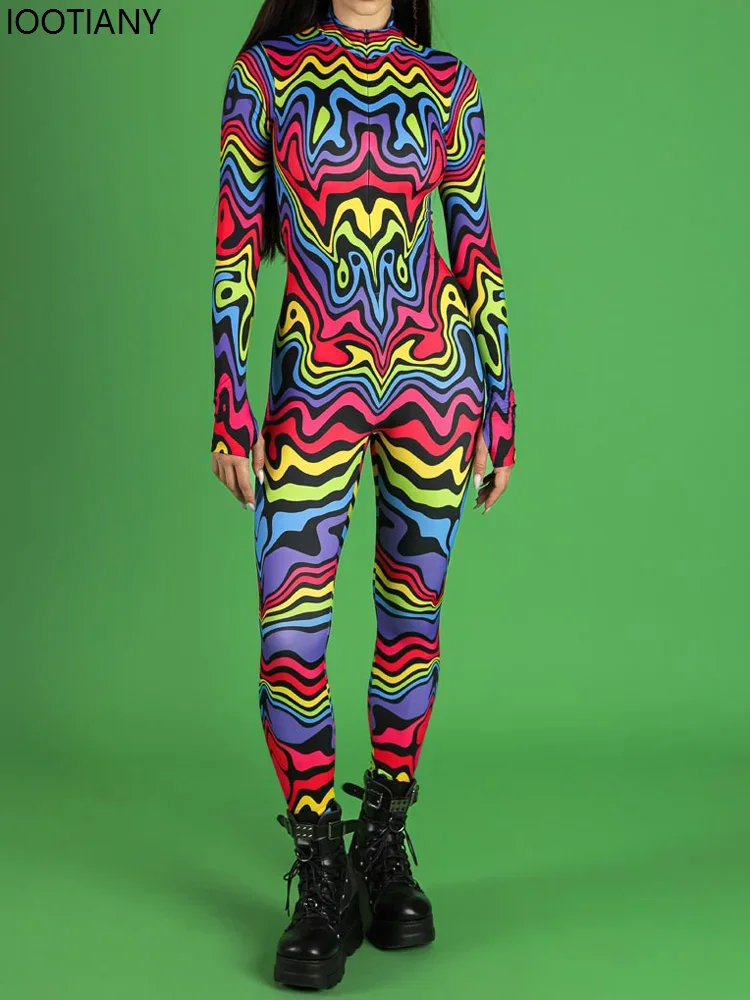 

Косплэй женский красочный психоделический художественный принт комбинезон фестиваль вечерние боди красочные вибрации комбинезон Хэллоуин костюм зентай Rave C