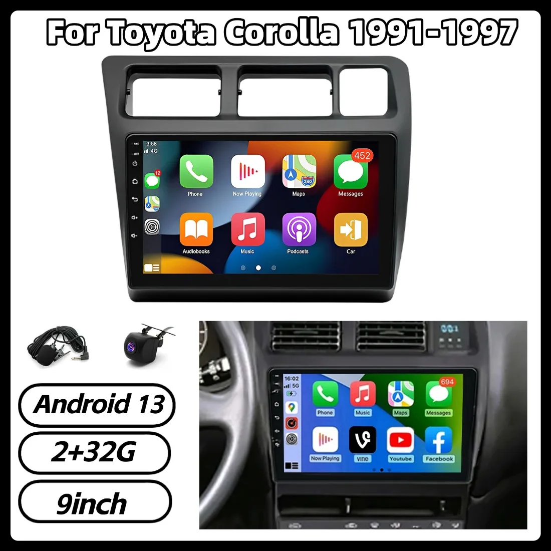 

Автомагнитола 9 дюймов 2+32 ГБ с GPS-навигацией для Toyota Corolla 1991-1997, Android 13, поддержка Carplay и Android Auto, IPS-экран, Bluetooth