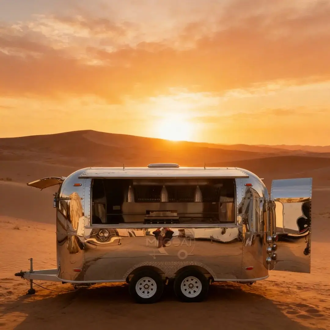 Mirror Polished Stainless Steel Dual Tandem Axle for Retro Style Food Trailer Built-In Power for Fast Food Street Vending