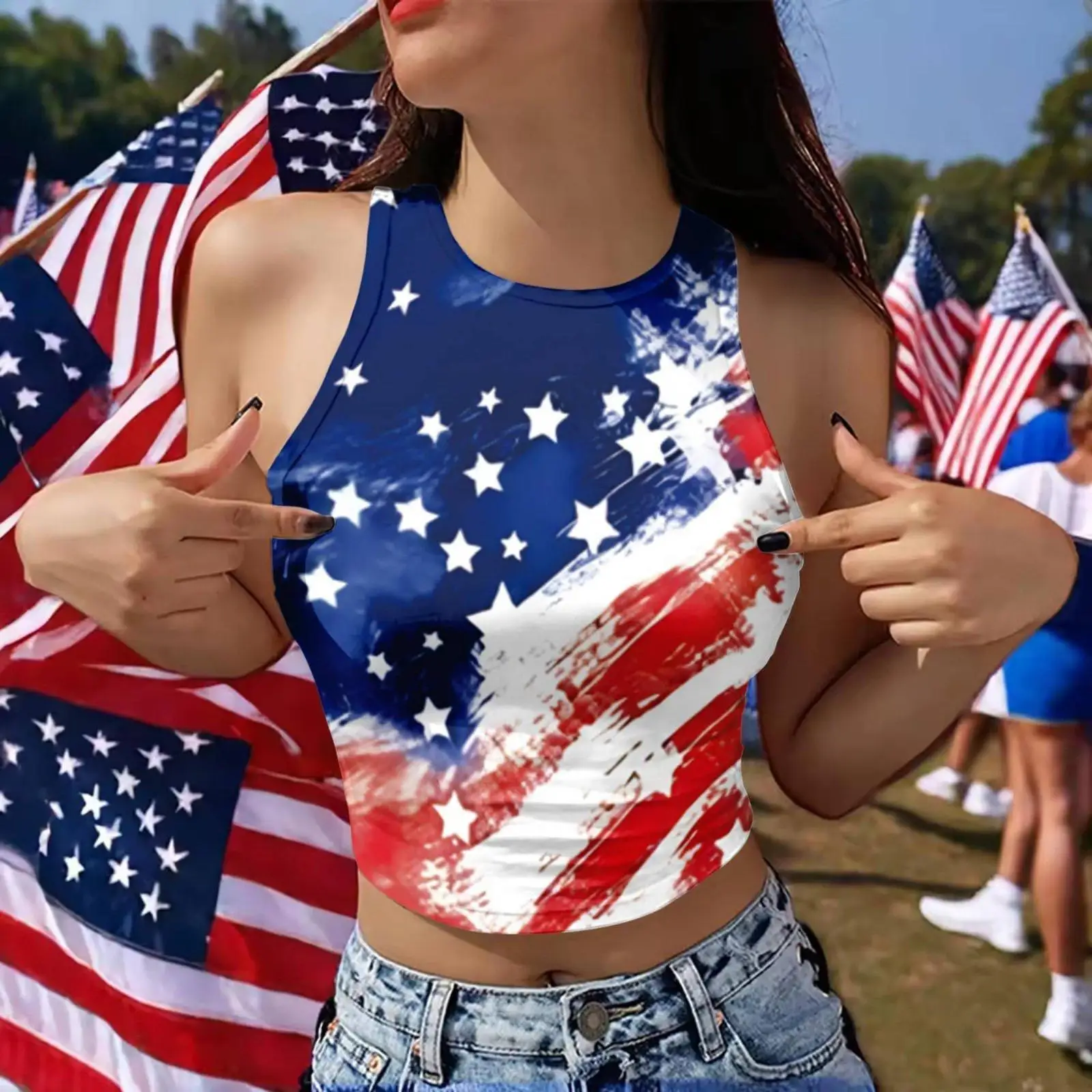 Patriotic Crop Close Fit American Flag Crop Printed Digitally Print Round Neck Sleeveless Vest for Teens