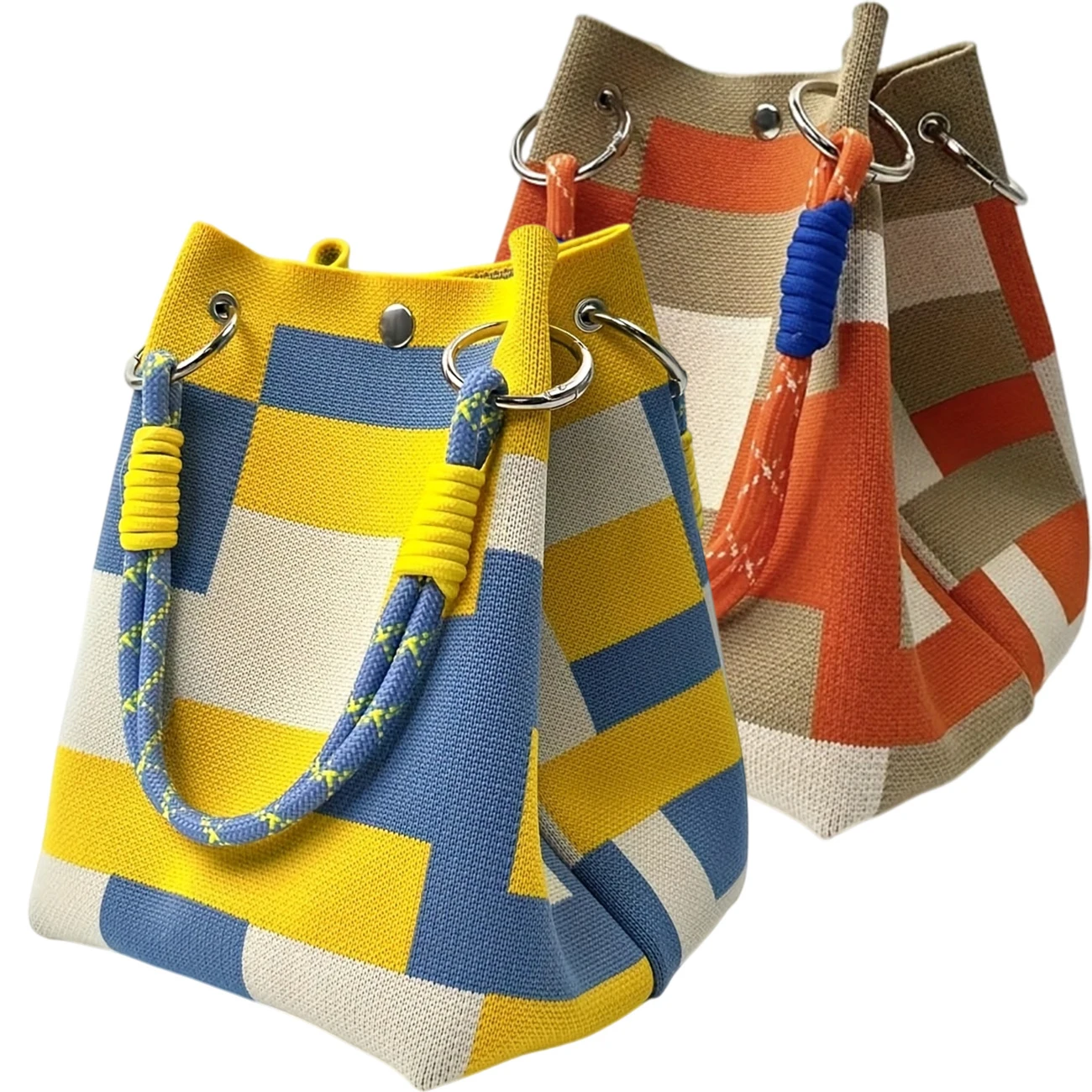 Women's Color Block Knit Tote Bag Bucket Bag Storage Bag with Adjustable Straps & Metal Rings Snap Closure for Casual Travel