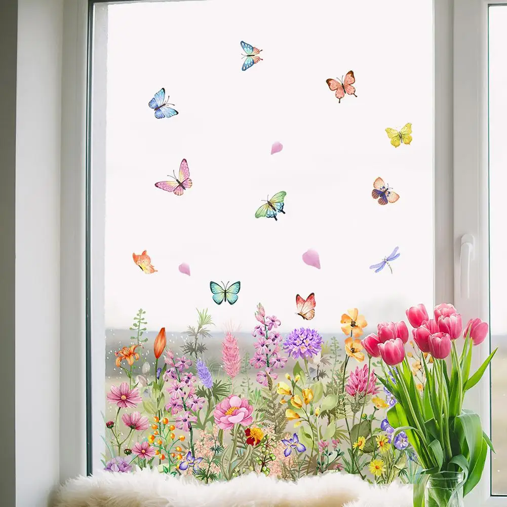 Double Sided Colorful Flowers Butterfly Wall Sticker Electrostatic Paste Window Glass Paste Visible Decorative Wall Decal