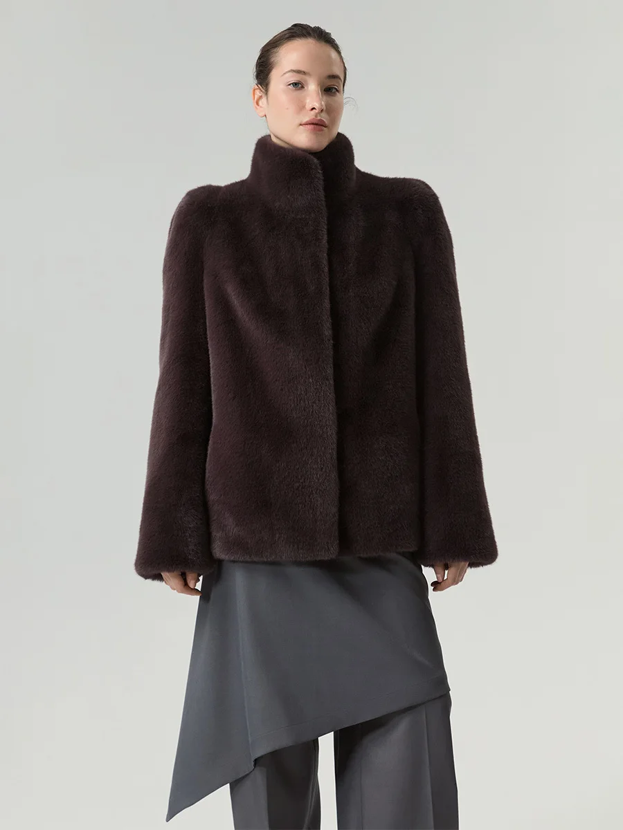DFDG 2026 Women High Neck Belted Faux Fur Short Coat Waist Cinched Slim Plush Thick Jacket Luxury Outerwear Ladies Winter Fur