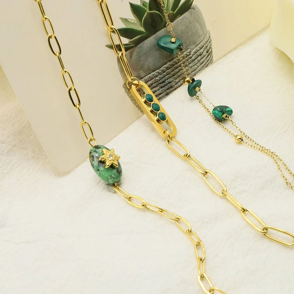 WILD & FREE Boho Vintage Green Natural Stone Bracelets for Women Stainless Steel Trendy Charms Aesthetic Jewelry Set image 5