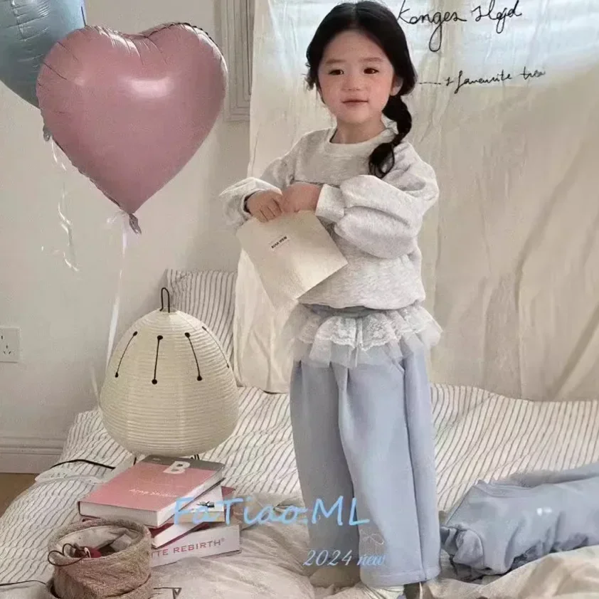Girls Set 2024 Autumn New Collection Korean Cute  Baby Girl Casual Hoodie Two Piece Set Lace and Lace Pants