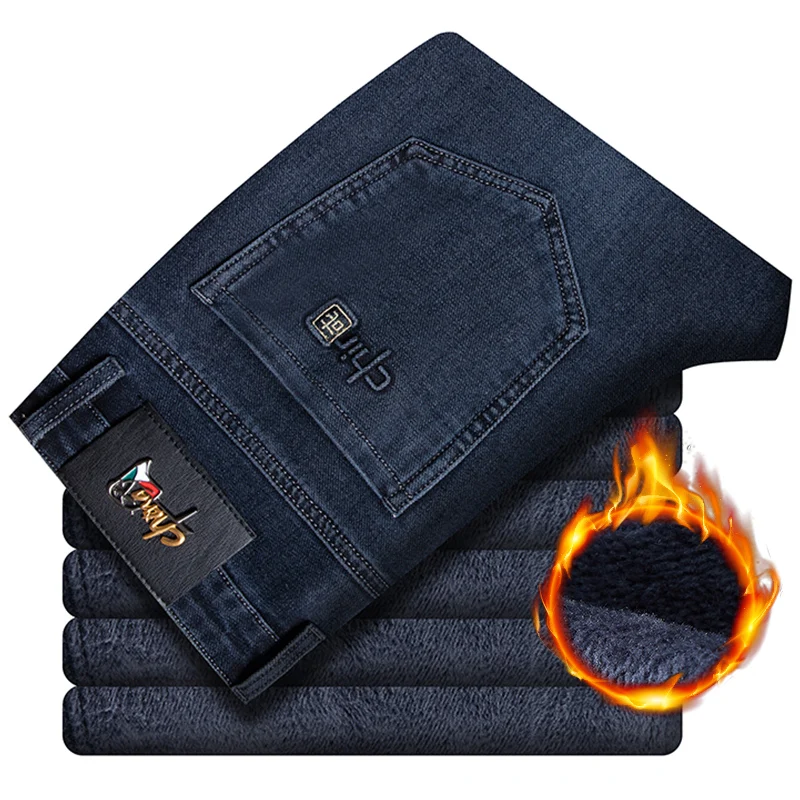 Winter Männlichen Gerade Stretch Fleece Jeans Gedruckt Warme Samt Hosen Business Casual Dicken Plüsch Denim Mode Marke Hosen