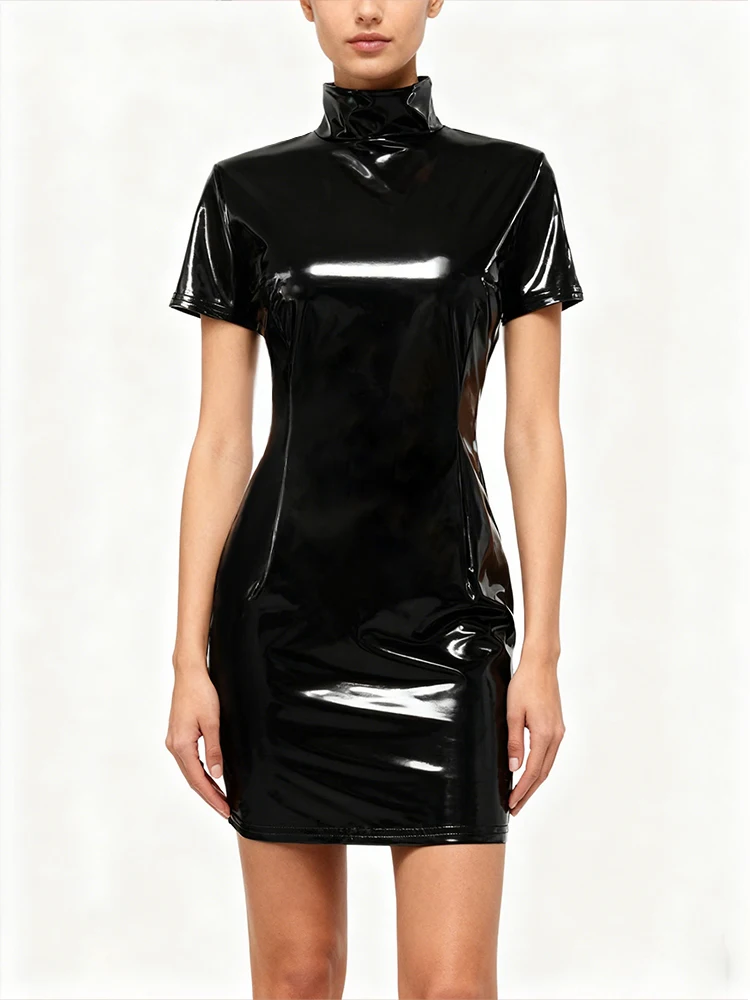 Glänzende, elastische Kunstleder-Minikleider mit kurzen Ärmeln und hohem Kragen für Damen, elegante PU-Kurzkleider, neues Partykleid – Detail 4