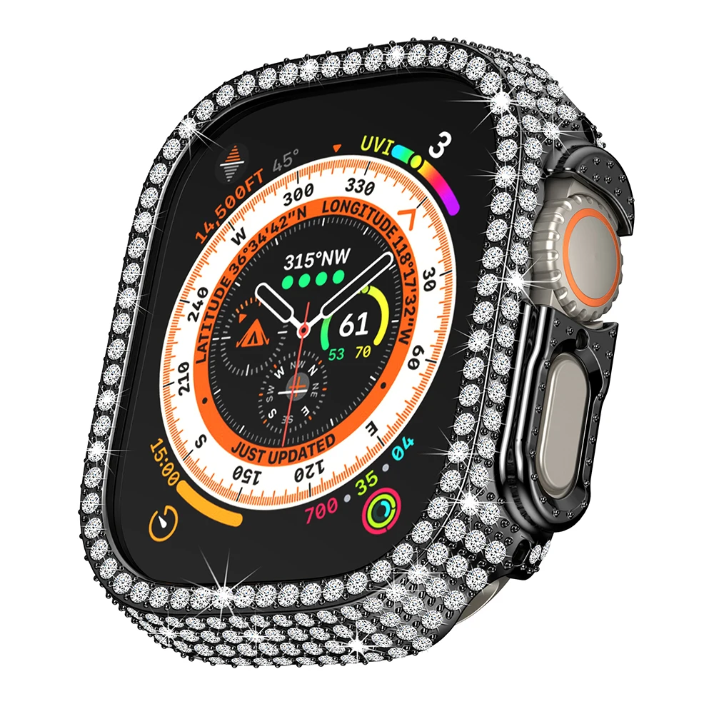 

Для Apple Watch Ultra/Ultra 2 49 мм чехол для часов со стразами и жесткой защитной рамкой для ПК - черный