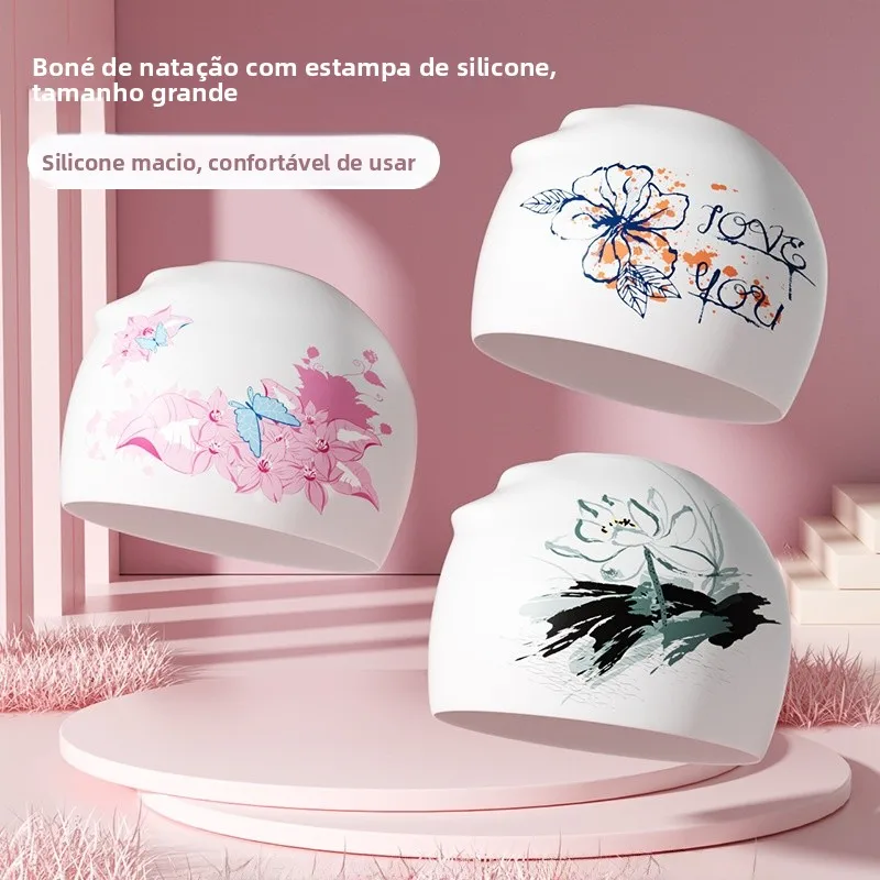 touca-de-natacao-de-silicone-para-mulheres-em-tamanho-grande-confortavel-antiderrapante-estampada-equipamento-de-natacao