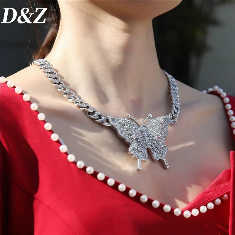 

D&Z Fashion Big Butterfly Pendant 11MM Cuban Chain Necklace For Women 3 Colors Alloy CZ Stones Luxury Charm Jewelry Wedding Gift