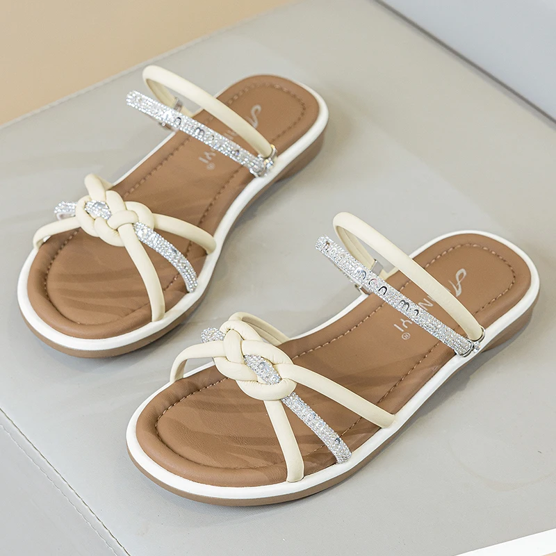 Sandalias Cómodas y Anchas para Mujer, Talla 41-43, Estilo Coreano, con Diamantes de Imitación, Suela Plana, Verano, Casual, ...