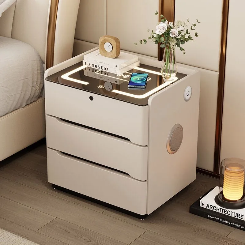 #Floating Bedside Table With Inductive Light Modern Lockable Smart Nightstand Simple Design Chargeable Three-drawer Bedside Tabl