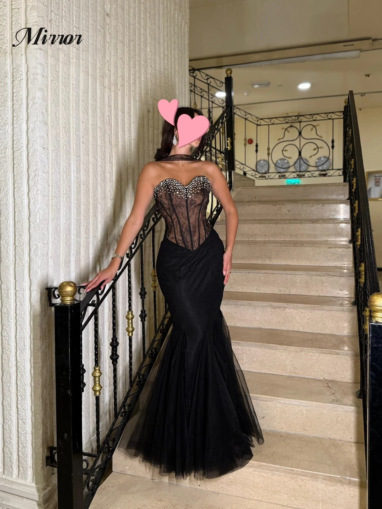 

Mirror Dress Elegant Vintage Sexy Black Mermaid Pearls Beads Lace Customize Formal Occasion Prom Dress Evening Party Gowns