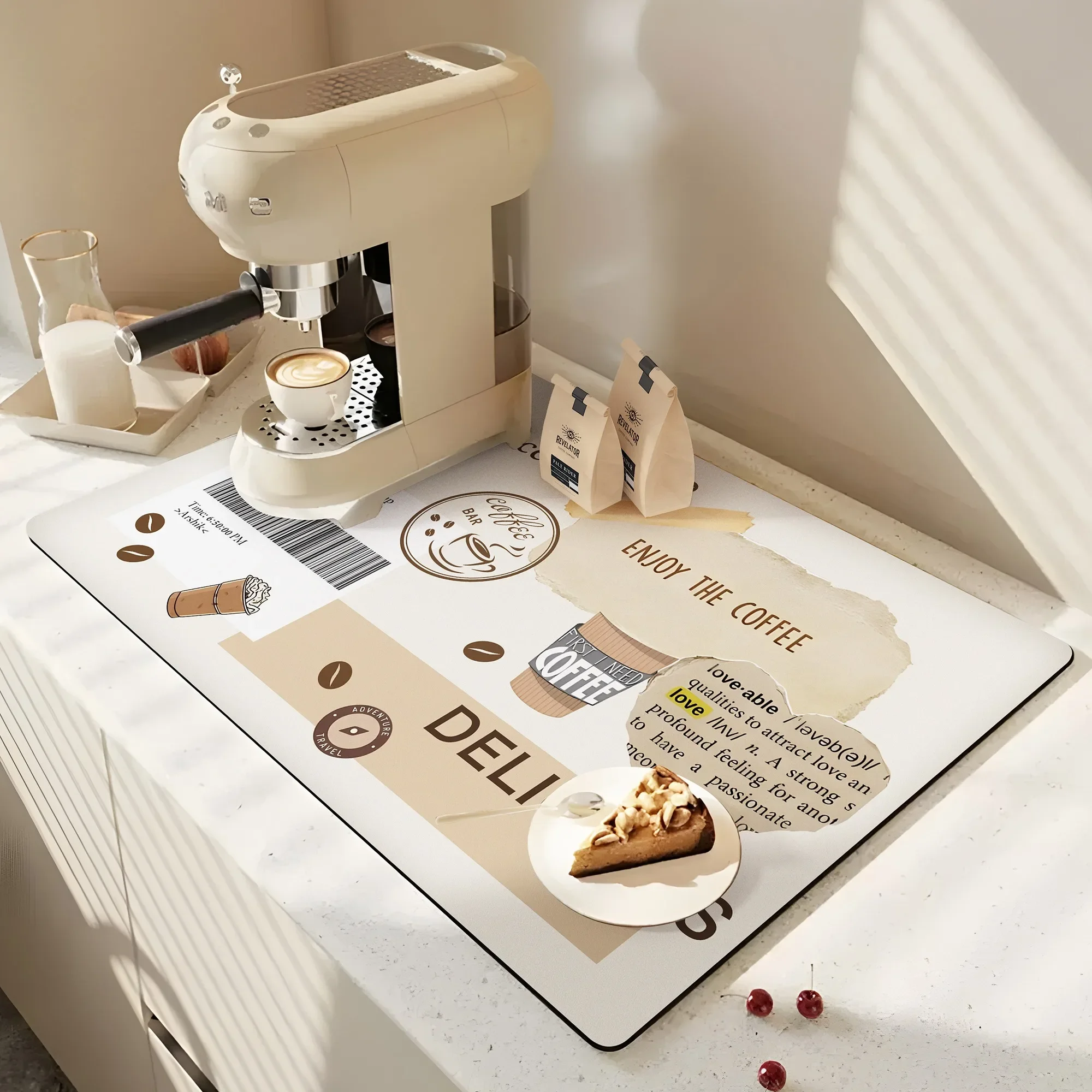 Coffee Themed Kitchen Drying Mat Various Styles Minimalist Non Slip Quick Dry Durable Mat Coffee Station