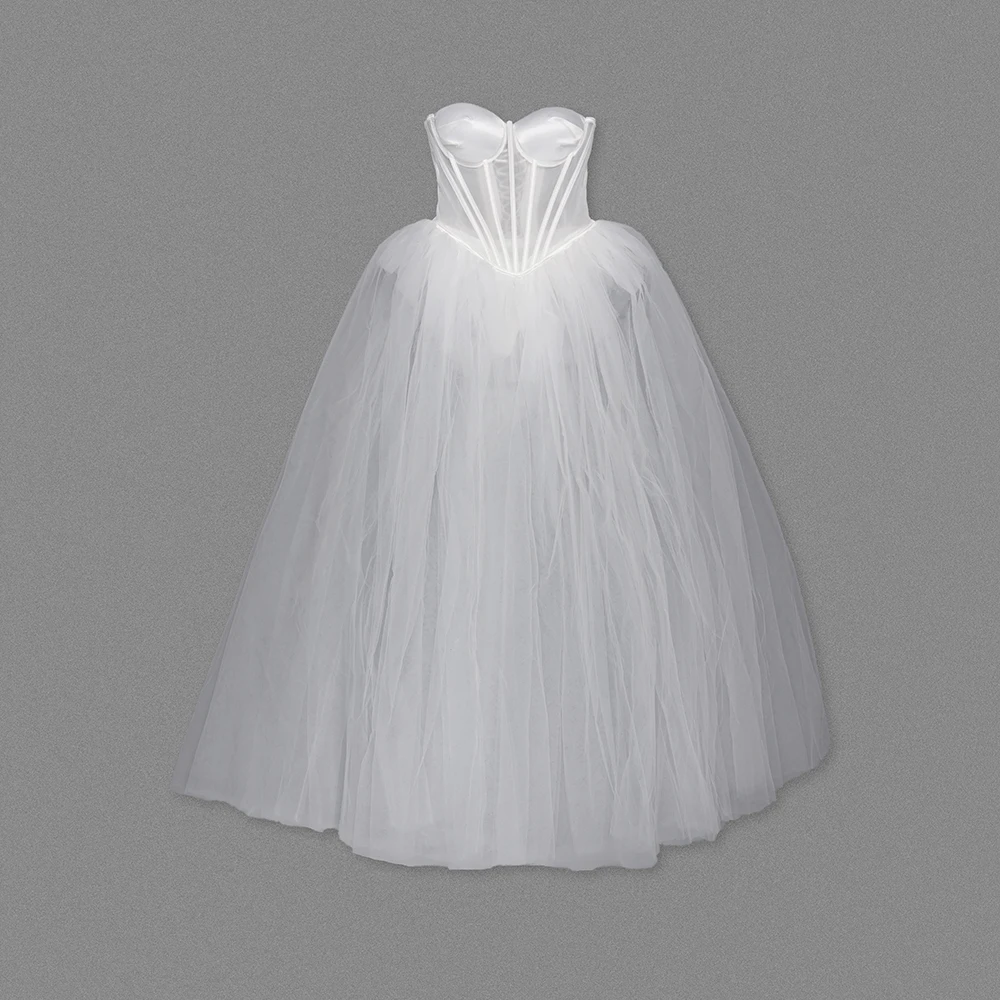 Luxury White Corset Tulle Gown for Women – Strapless Sheer Bustier Dress with Flowing Mesh Skirt Elegant Couture Evening Dresses
