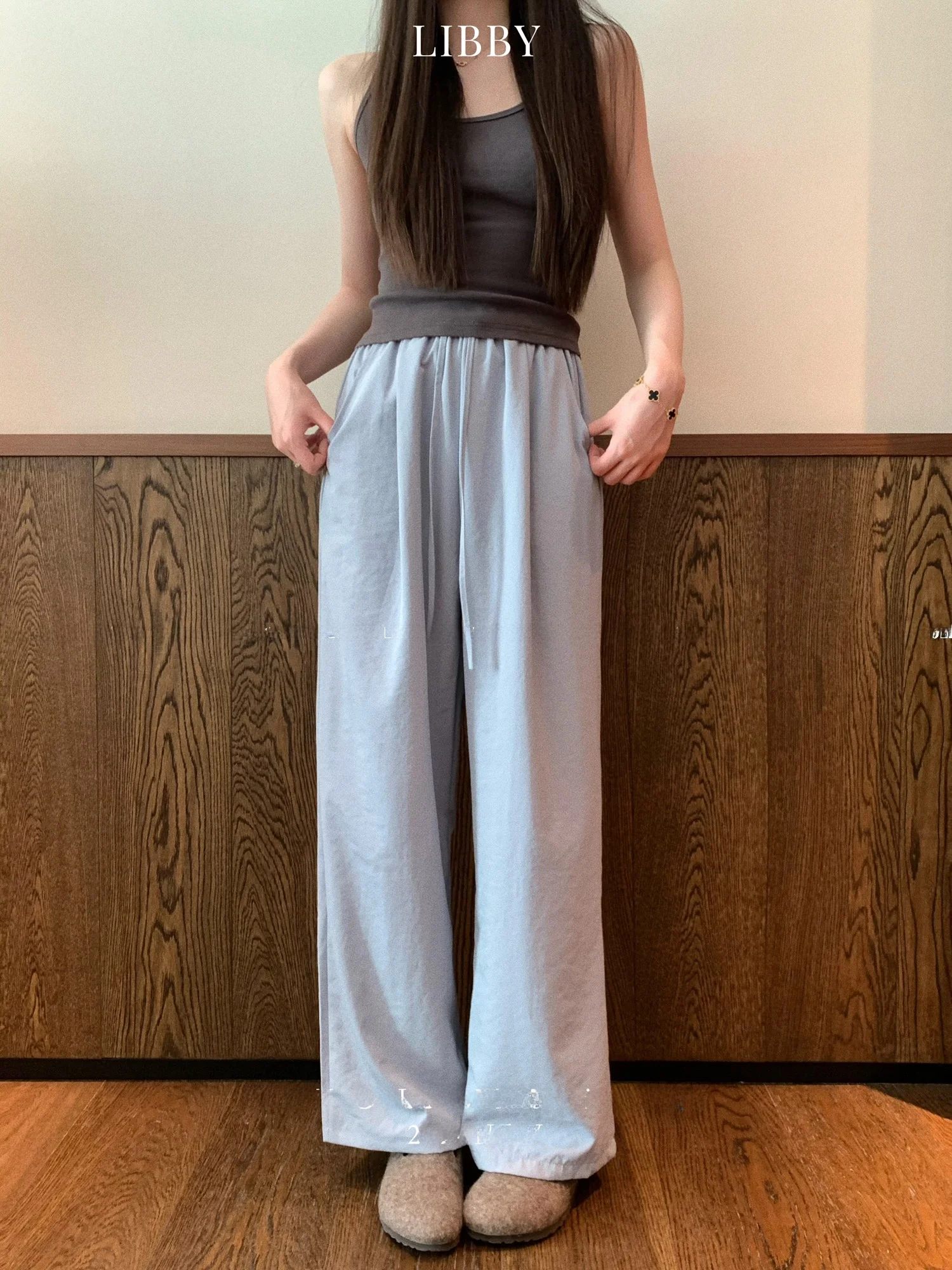 

Libby Summer Wearable Blue Anti-Uv Wide Leg Casual Pants Women's High Waist Straight Cut Comfortable to Wear Polyester Fiber