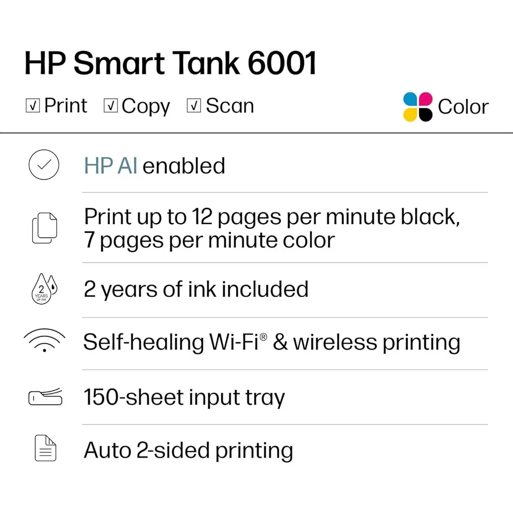 HP Smart Tank 6001: Stampante wireless all-in-one, scanner, fotocopiatrice con alimentazione inchiostro di 2 anni e serbatoi d'inchiostro ricaricabili per uso domestico