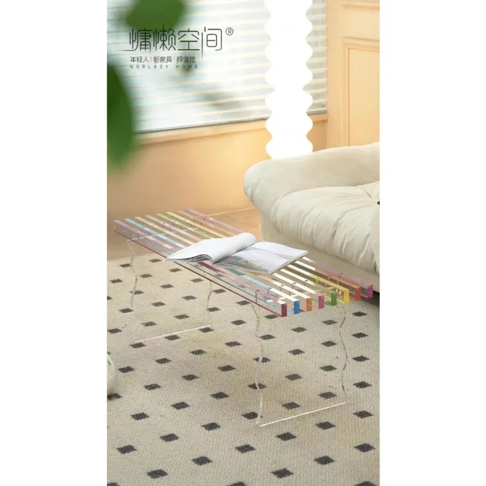 레인보우 아크릴 투명 벤치 – 거실, 현관 및 침실용 모던한 투명 롱 스툴, 가볍고 이동이 쉬움