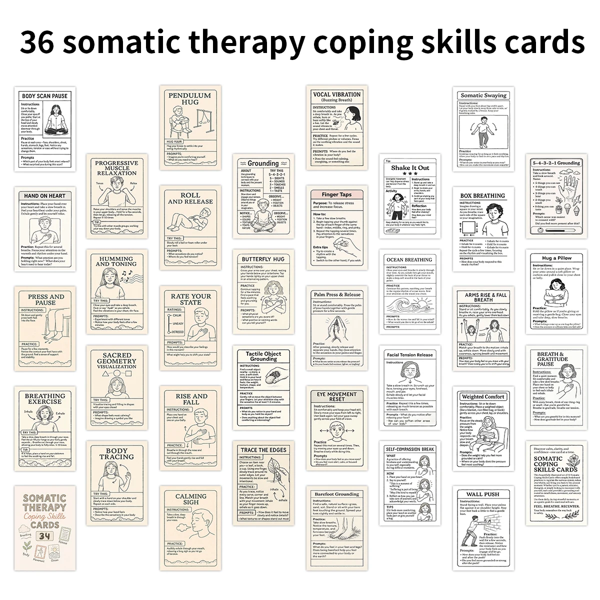 Tarjetas de habilidades de copia de terapia somática, instrucciones ilustradas, ejercicios a base de cuerpo para alivio de la ansiedad, tarjeta Flash de melodía, 36 Uds.
