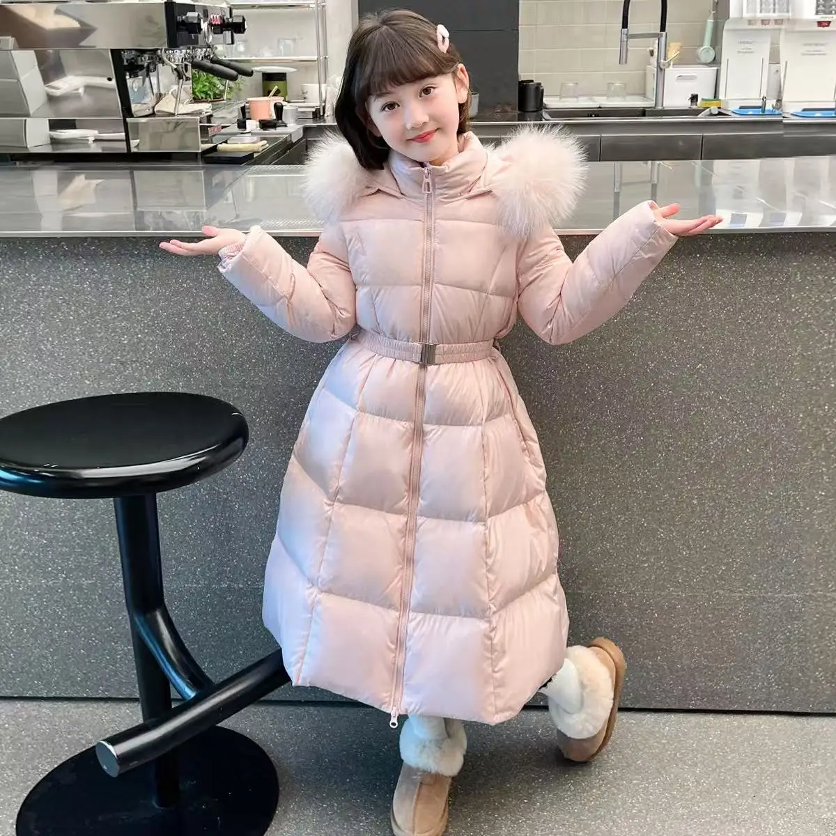 Children Mid-length Warm Down Jacket Girls Padded Coat Cotton Jacket Fashion Big Fur Collar Snow Clothing For Kids 120-170CM
