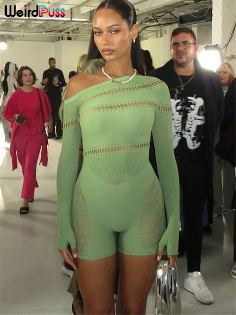 Weird Puss See Through Romper Women Sexy Hollow Rhinestones Long Sleeve Skinny Irregular Off Shoulder Body-Shaping Playsuits