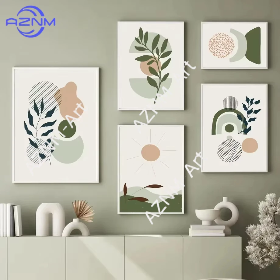 1 Stück Boho Salbeigrüne Pflanzen Abstrakte Linien Zen Wandkunst Leinwanddruck Nordische Poster und Drucke Wohnzimmer Heimdekoration