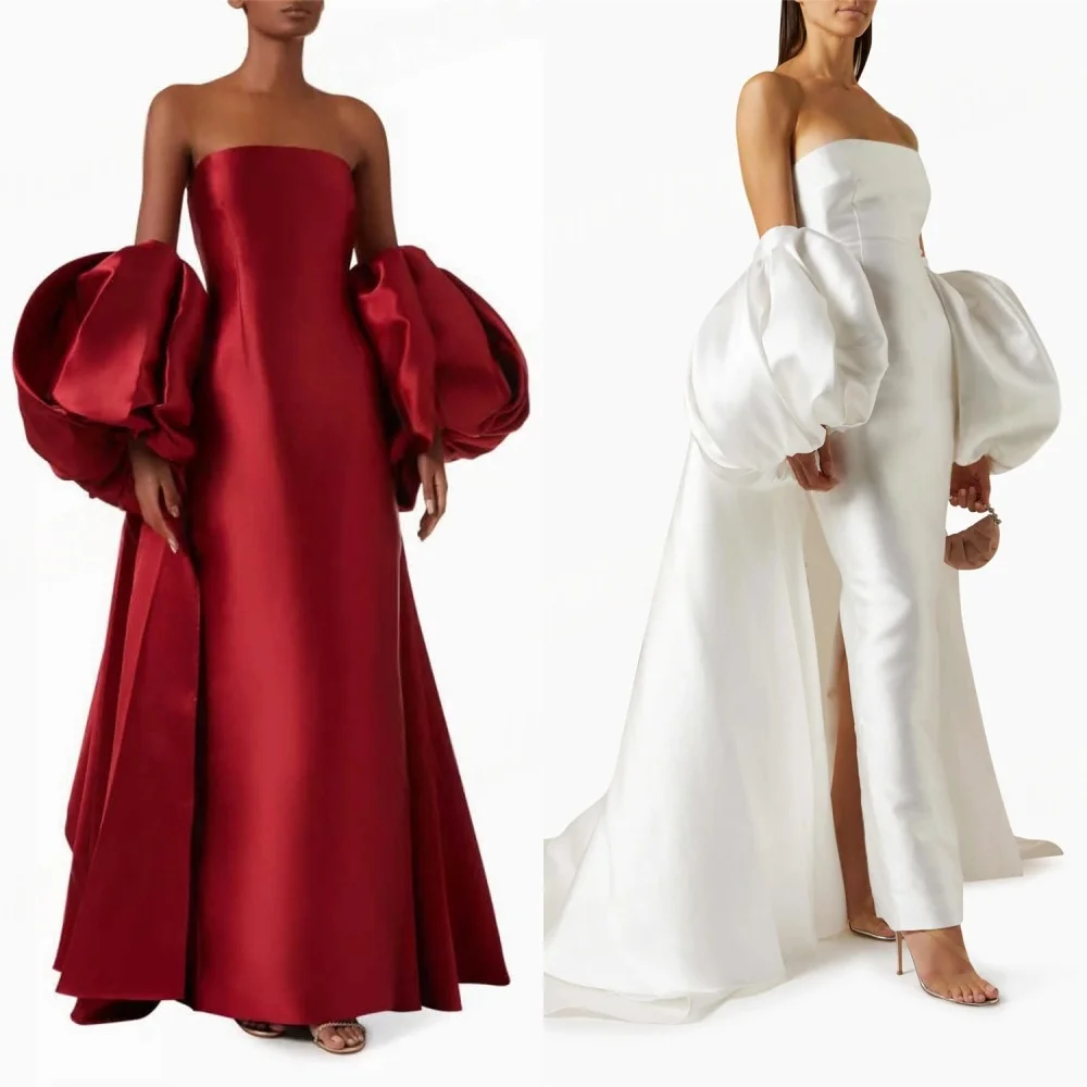 

Customized Elegant Burgundy Satin Evening Dress Simple Strapless Detachable Sleeve Celebrity Gowns Exquisite Evening Gowns