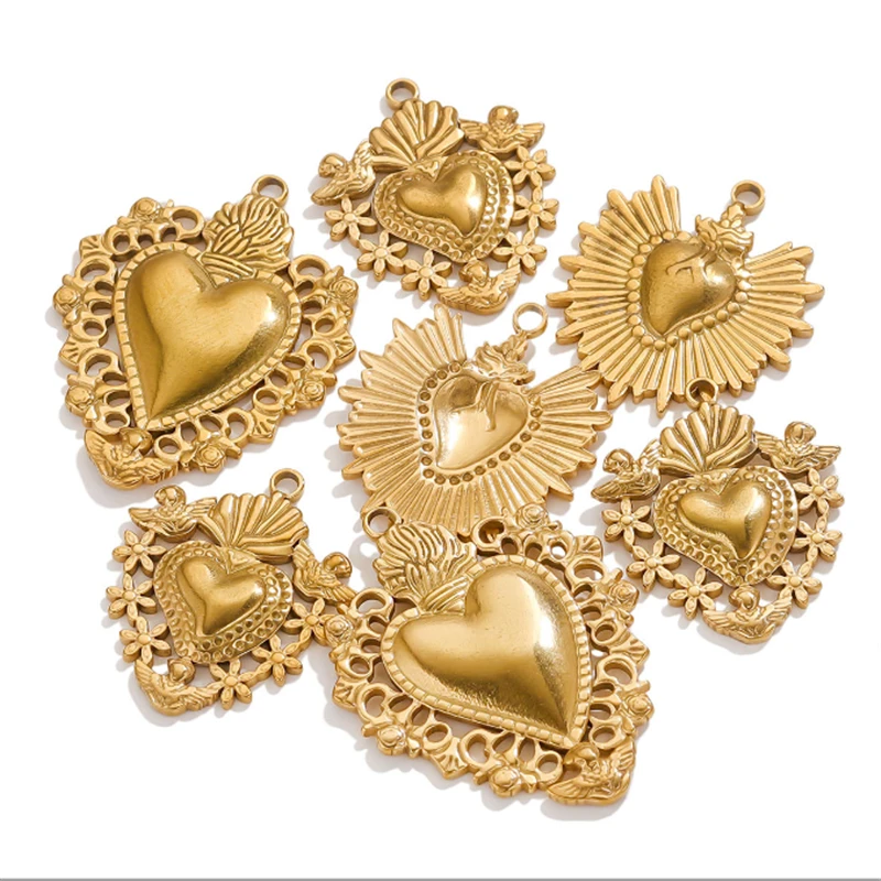 20Pcs/Lot 18K Gold Plated Stainless Steel Hollow Sun Heart Charms for DIY Pendant Necklace Jewelry Findings Accessories