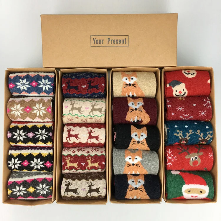 Christmas Gift Boxed Women's Mid Calf Socks New Autumn Winter Wool Socks Thick Warm Golden Deer Pattern Ladies Crew Socks