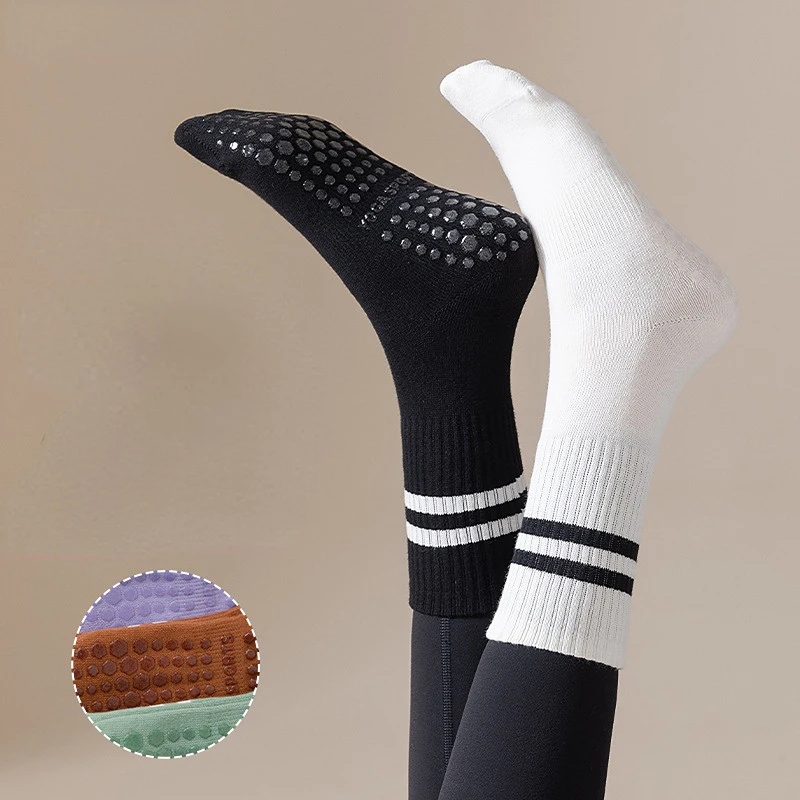 

New Mid-calf Cotton Socks Yoga Breathable Solid Color Striped Anti-slip Sports Socks Pilates Socks Dance Fitness Training Socks