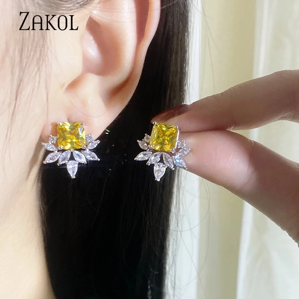 ZAKOL New Exquisite Yellow Square Cubic Zirconia Jewelry Sets for Women Fashion Leaf Party Earring Necklaces Set SP3359