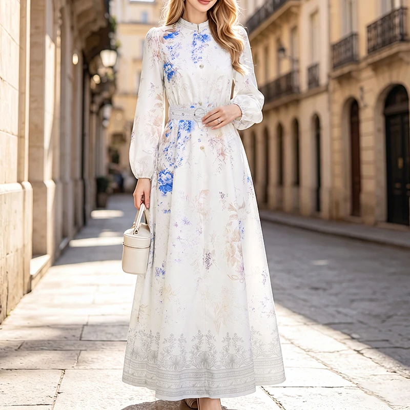 ZANZEA Damen Bohemian Kleid Elegantes Blumenmuster Frühling Langarm Langes Maxikleid OL Arbeitskleidung Partygürtel Vestidos Streetwear