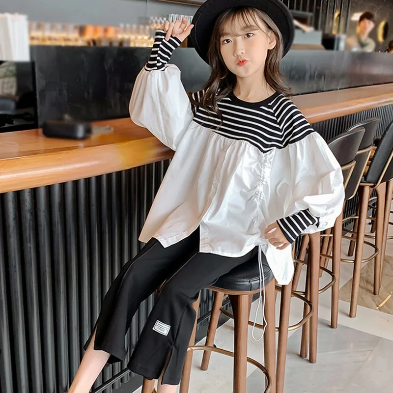 

Fashion Girl Clothing Set Lantern Sleeve Csual Loose Top Tees Drawstring Side Shirt Flare Pants Children Outfit Toddler Girl Set