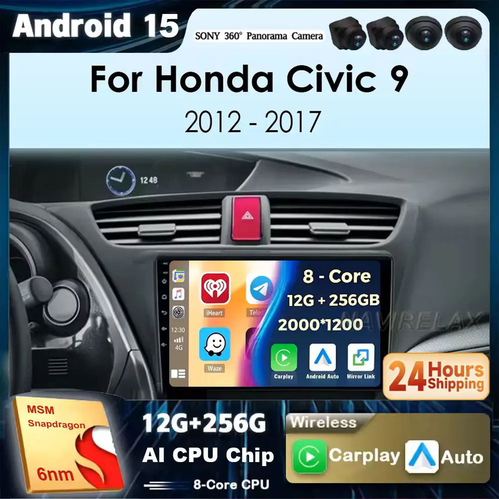 

Car Radio Carplay For Honda Civic 9 FK FB 2012-2017 Navigation GPS Android 15 Auto Stereo Multimedia Player 5G Wifi Video No 2di