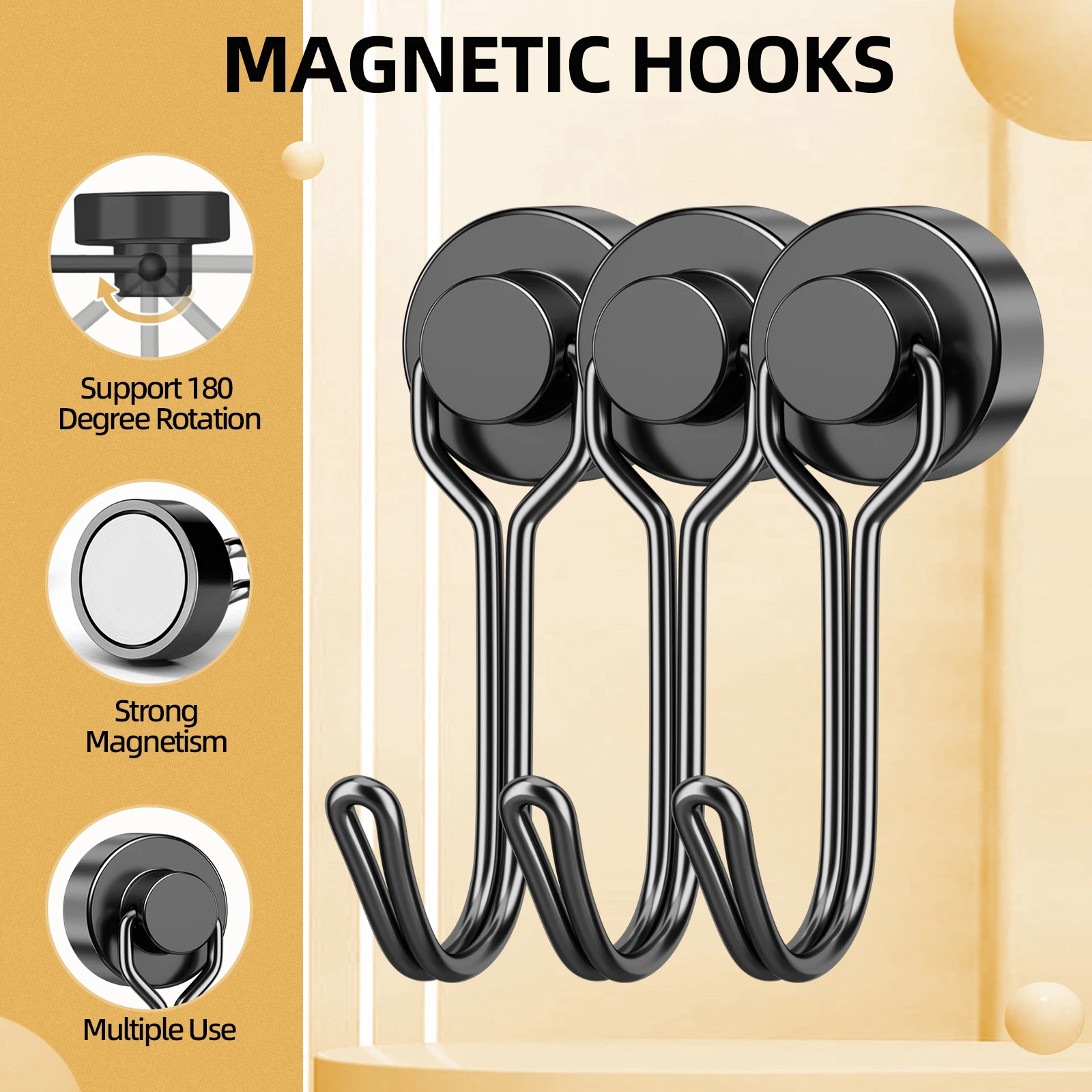 Ganchos magnéticos pretos, gancho magnético giratório resistente com à prova de ferrugem para geladeira, geladeira, forno, grelha, churrasco, chave