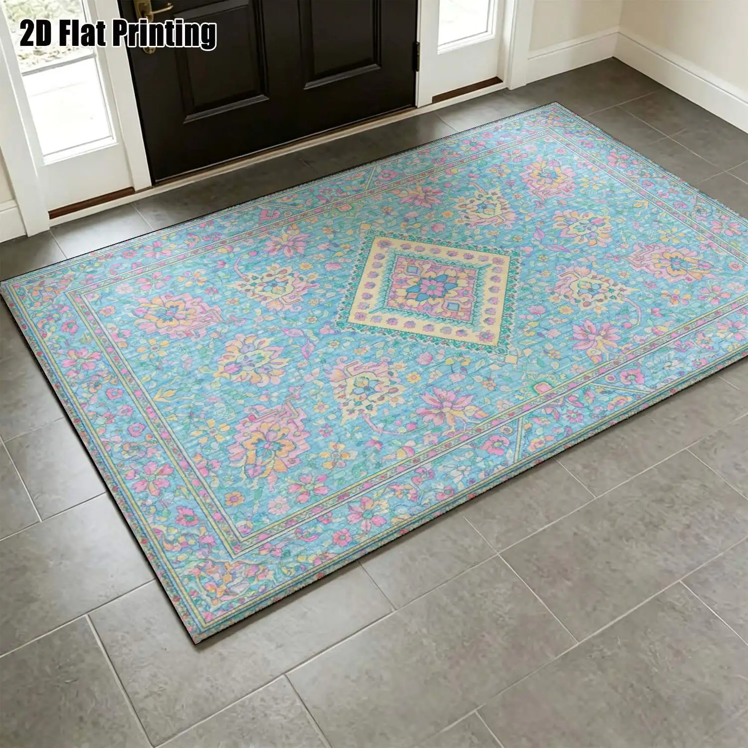 1Pc 2D Printed Carpet: Light Blue Pink Floral Pattern, Machine Washable, Multi-Size, Suitable for European/Bohemian/Geometric Style, Home Decor, Entrance/Dining Room/Foyer/Bedroom/Living Room Use