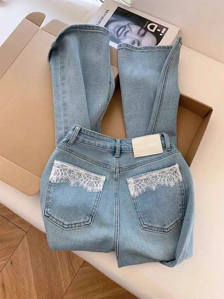 กางเกงยีนส์ขากว้างผู้หญิง แต่งลูกไม้ ยีนส์ขาดๆ เอวสูง ล้างสี มีกระเป๋า สไตล์วินเทจ สตรีทแวร์ ทรงหลวม ปี 2025