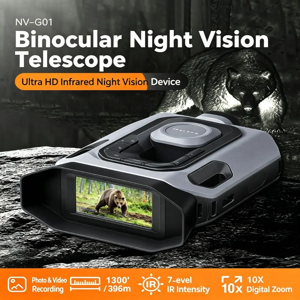 4K Night Vision Binoculars 32GB Infrared Night Vision Goggles 3” Large Screen 10X Digital Zoom Tactical Light for Camping Huntin