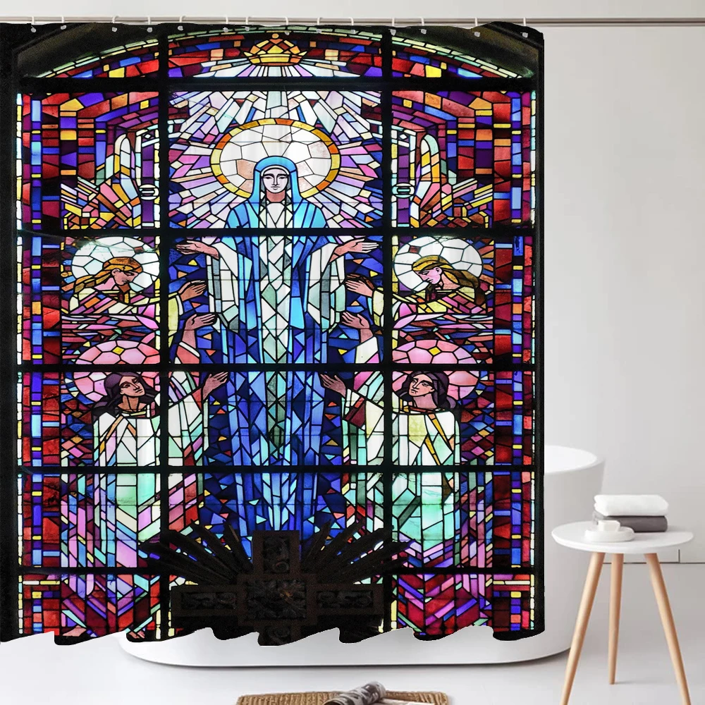 European Church Retro Color Religious Jesus Christ Pattern style Bathroom Decoration Shower Curtain 180*180CM with Hooks