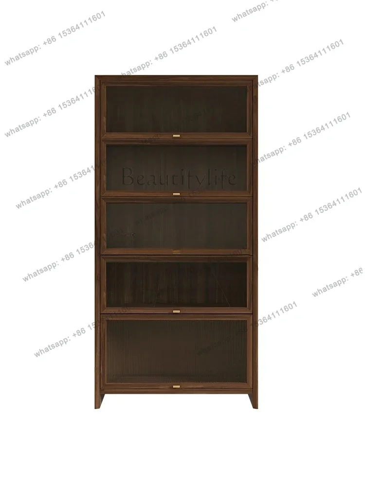 yj15 new Chinese walnut glass door bookshelf living room dust storage bookshelf bookcase combination