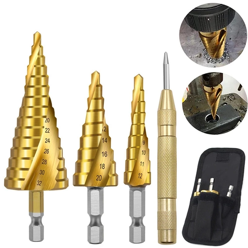 

High-Speed Steel Pagoda Drill Bit Hexagonal Handle Spiral Groove Titanium-Plated 4-32mm Reaming Drill Woodworking Step Drill